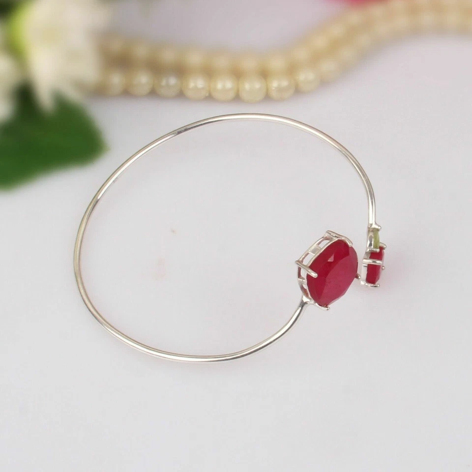 Peridot And Ruby Gemstone Bangle Solid 925 Silver Wedding Bangle Bracelet - Image 3 of 4
