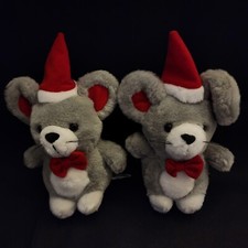 Set Of 2 Plush Christmas Mice Soft and Cuddly Mouse Holiday Theme Vintage