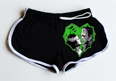 Horror Halloween Franky & Bride Heart Women's Black Shorts White Edges All Sizes