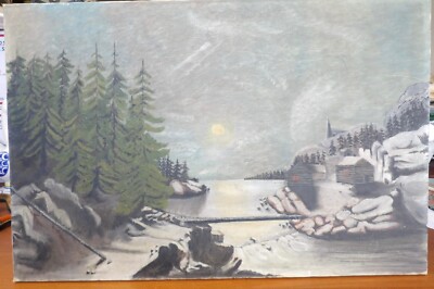 Maine Primitive Folk Art Oil On Canvas Snowy Winter Evening Landscape - Unframed