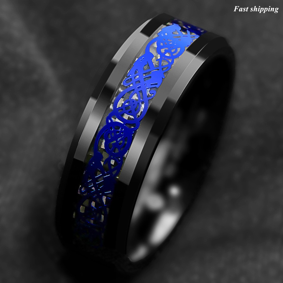 JAJAFOOK 8mm Black Tungsten Carbide Ring With Celtic Dragon & Blue Carbon Fiber - Men's Sizes 7-14