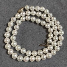Vintage Cultured Japanese Akoya Pearl Necklace 17 Inch With 14 Karat Gold Clasp