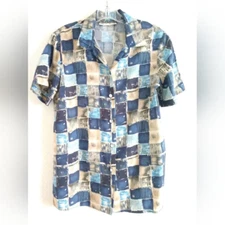 Notations Women's Shirt Short Sleeve Button Front Blue Beige Small Chest 34"