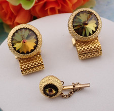 Dante Golden Rivoli Gold Tone Mesh Rhinestone Wrap Around Cufflink Tie Tack Set