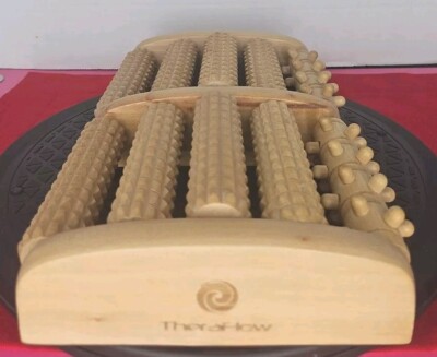 TheraFlow Dual Foot Massager 10 Roller Foot Pain Relief Wood 11  X 6.5 .