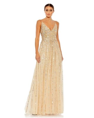 Mac Duggal Nude Sequin Sleeveless Surplice V Neck A-Line Gown Size 2 $398