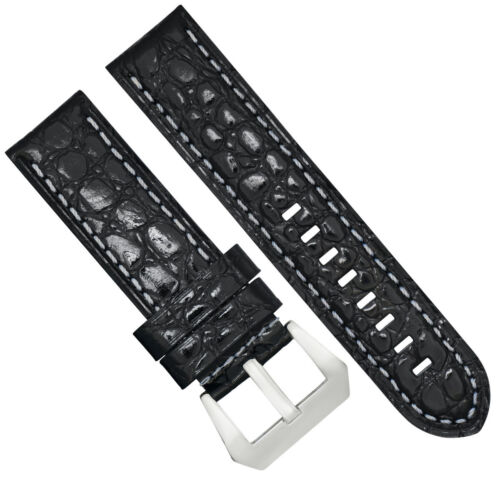 BIG 24MM GATOR LEATHER WATCH BAND PAM STRAP FOR PANERAI BLACK WS BUCKLE POLISH - Picture 1 of 6