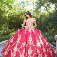 Gorgeous Red Quinceanera Dresses Gold Lace Appliques Beading Ball Gowns Sweet 16