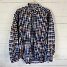 Vtg L.L. Bean Mens Button Front Cotton Shirt Sz Large Blue Plaid Mid-Weight