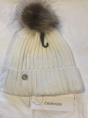 CK Calvin Klein Cream Rib Knit Winter Beanie Faux Fur Pom Hat