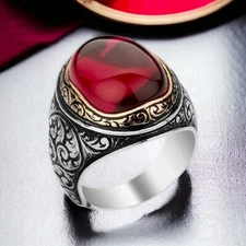Garnet Gemstone With 925 Sterling Silver Ring For Men's #AL733