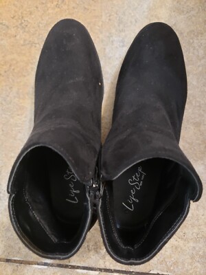 Life Step Womens Black Suede Ankle  Bootie, Size 6 Side Zippers 2' Heels