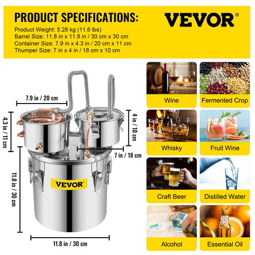 VEVOR 21L Alambique Destilador Agua Alcohol Vino Termómetro Inoxidable 2 Barril - Imagen 7 de 12
