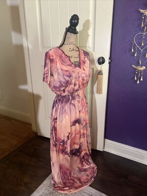 One World Maxi Dress Beaded Lace V Neck Cold Shoulder Peach Burgundy Satin  M | eBay