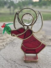VTG Red Stained Glass Textured Angel Holding Holly 4.5" Free Standing USA Made