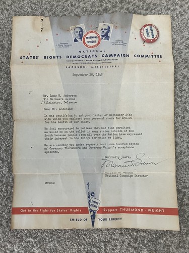 Thurmond Wright Campaign Button Pins 1948 signed campaign letter Merritt Gibson