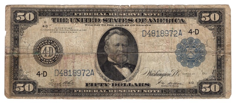 1914 $50 Federal Reserve Note Fr. 1039A Large Size Blue Seal Currency