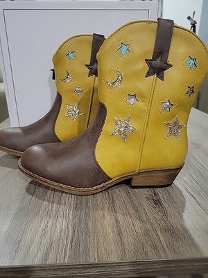 Rollda Girls Cowboy Boots Yellow Brown Stars Moon Sparkle Size 4