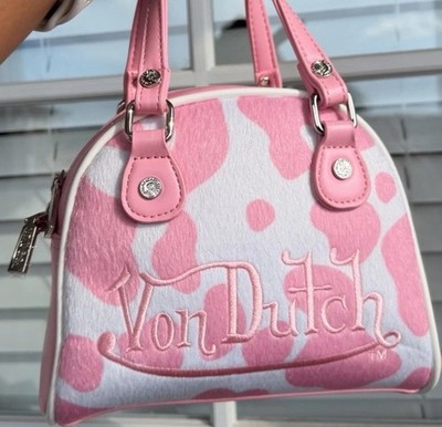Von Dutch Pink Cow Print Mini Bowler Bag Y2K Coquette Crossbody Purse NWT