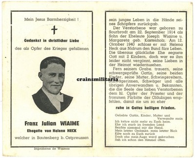 Orig. Sterbebild Grenadier ° Weismes Belgien + Bautenberg Ostpreussen Polen 1944