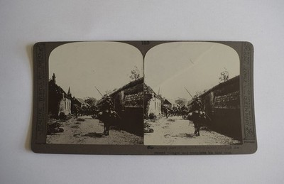 WW1 Stereoview NO185 BRITISH CAVALRY IN RUINED VILLAGE C1918 Photo 3D Card