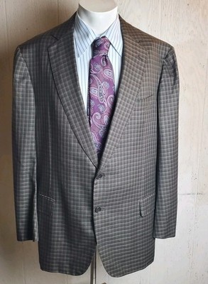 Battistoni Blazer Men 48 Brown Check Silk Wool 130's Sport Coat Half Lined Italy