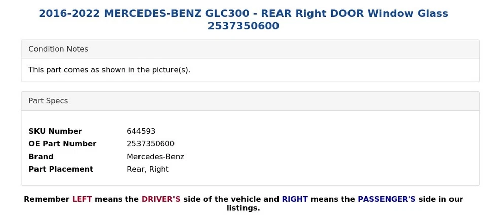 2016-2022 MERCEDES-BENZ GLC300 — заднее правое стекло на окно двери 2537350600 - Изображение 3 из 4