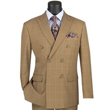 VINCI Men's Beige Windowpane Double Breasted Modern Fit Suit - NEW