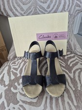 Clarks Kamara Kiki Navy Leather Wedge Sandals, Size 6D EU 39.5 BNIB
