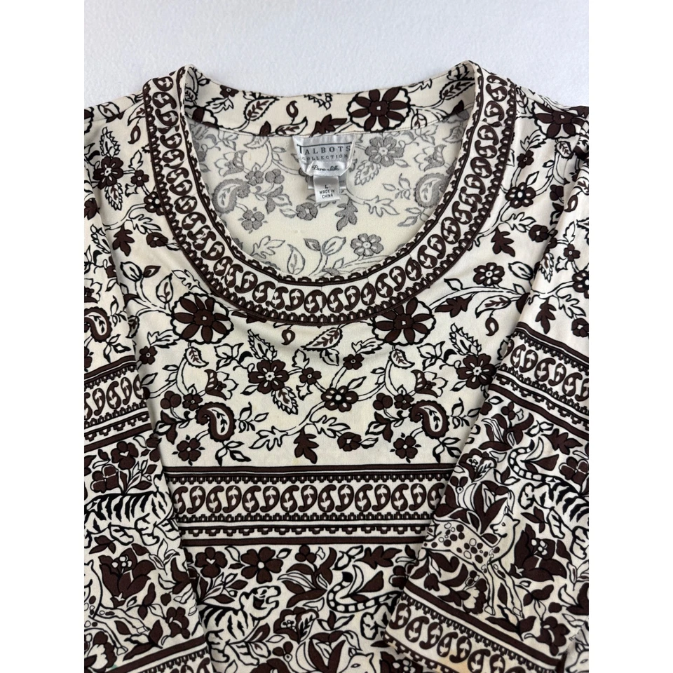 Blusa Talbots Collection de seda com estampa de paisley floral marrom L manga longa - Imagem 3 de 4