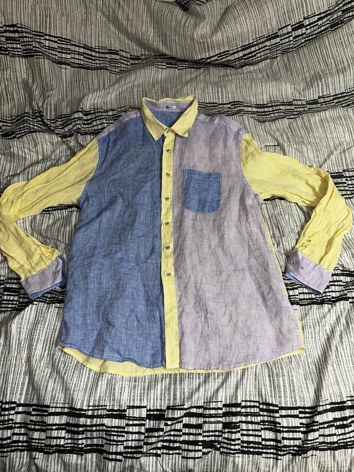 Bugatchi Uomo 100% Linen Multi Color Pastel Long Sleeve Button Down Shirt Preppy