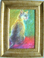 Katze gerahmt Original Öl Pastell Zeichnung Tier Dekor Wandkunst Papier 4x6 Zoll