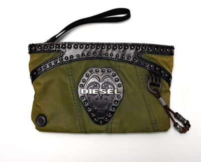 Diesel Vintage Archive Clutch Bag Olive Green Black Studded Logo