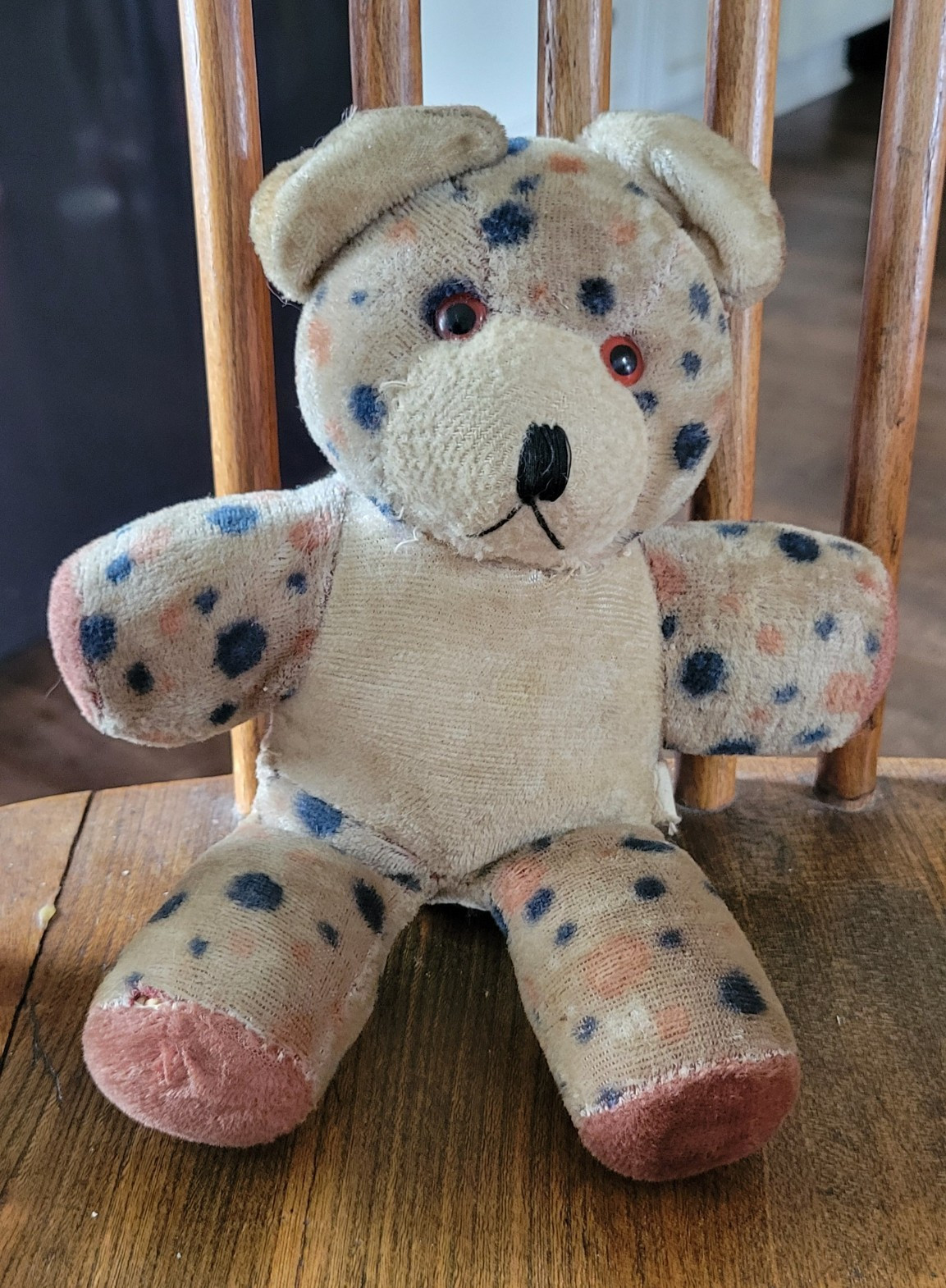 Vintage Nursery Rattle Teddy Bear With Rare Dot Print  w/ Pink Coat & Bonnet