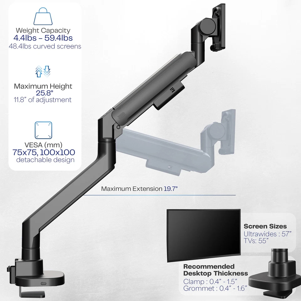 VIVO Black Pneumatic Arm Single Ultrawide Computer Monitor Desk Mount - Image 4 of 4