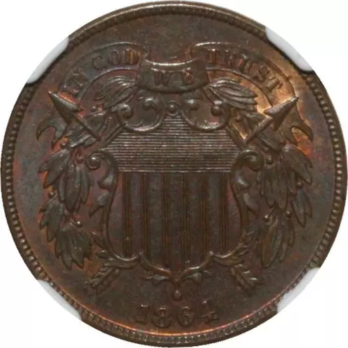 O7251 Rare United States 2 Cents Union Shield Large Motto 1864 NGC MS63 UNC