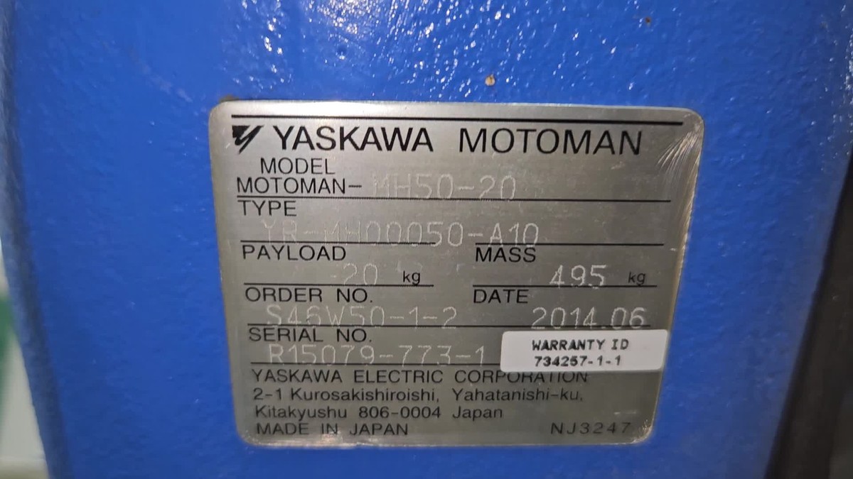 Yaskawa Motoman MH50-20 Industrial Robot W/ DX100 Control, Pendant