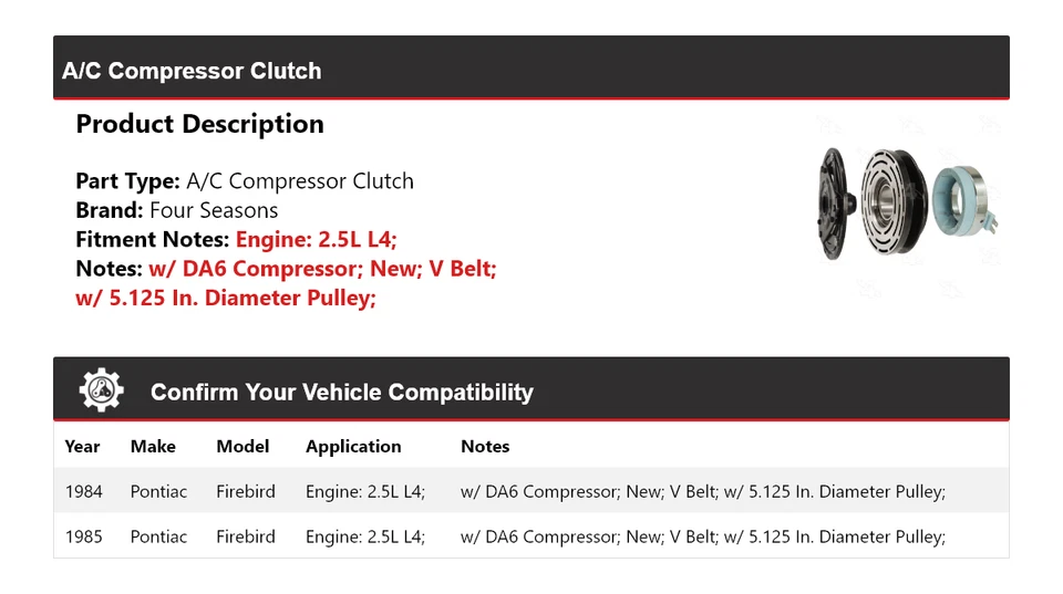 Embrague compresor aire acondicionado 2,5 L L4 1984-1985 Pontiac Firebird 4 estaciones Foto 2 de 4