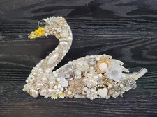 Jewelry Art Swan Wall Decor, Upcycled Jewelry Art, Girls Room Style, White Swan 