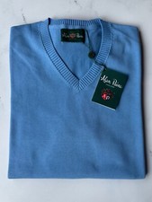   NWT  Alan Paine Halton Long-Sleeve Cotton Vee Neck Sweater - Blue Haze
