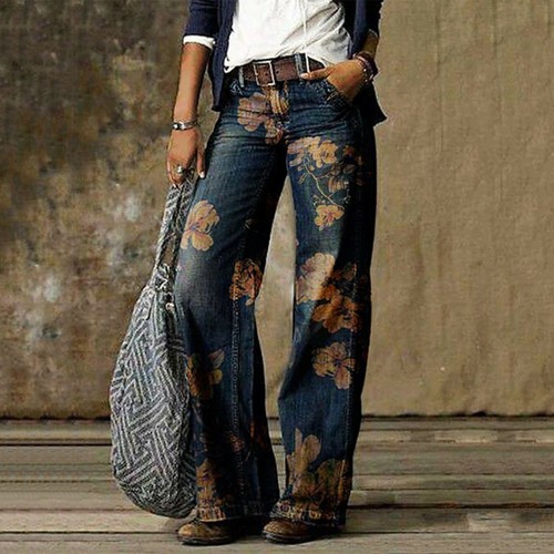 Damenmode lässige Blumen Denim Jeans hohe Taille Glockenboden weites Bein Hose - Bild 8 von 8