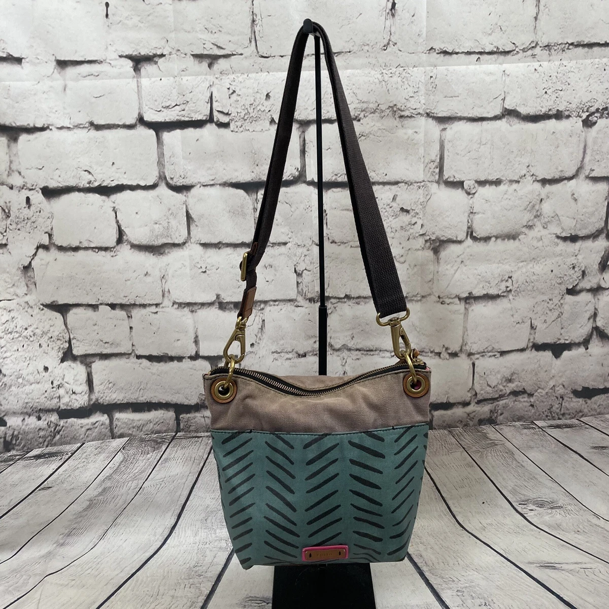 Fossil Crossbody Bag Bucket Keely Herringbone Coated Canvas Adjustable Strap