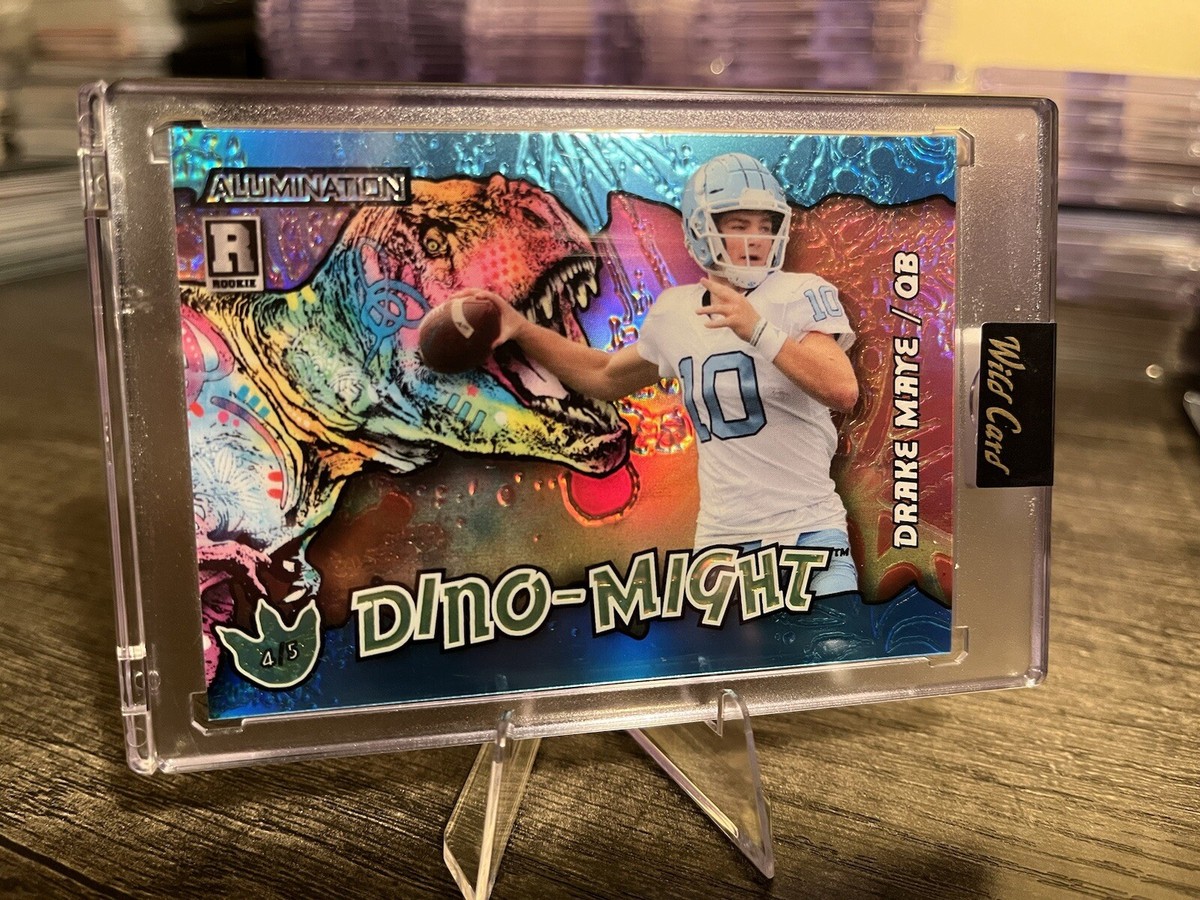 Drake Maye Wild Card Dino-Might 4/5 light blue border holo TRex RC