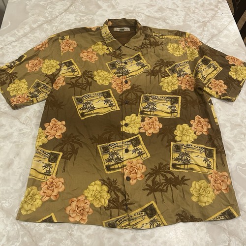 Tommy Bahama Hawaiian Shirt Mens Large Brown Floral Post Card Camp Beach - Picture 2 of 5