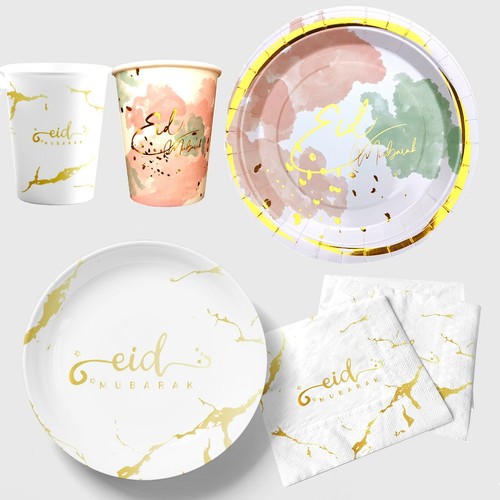 Servizio da tavola Eid Mubarak Party - tazze di carta piatti tovaglioli oro pastello acquerello  - Foto 1 di 8