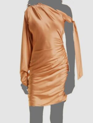 $495 Cinq à Sept Women's Orange Silk Thea Ruched One-Shoulder Mini Dress Size 8