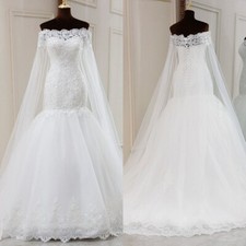 Luxury Mermaid Wedding Dresses Boat Neck with Shawl Lace Appliques Bridal Gowns