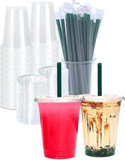 16 oz Clear Plastic Cups with Lids and STRAWS, Disposable Drinking 16