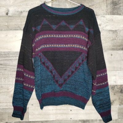 Vintage 80s Teal Purple Sweater Campus Mens Size Large Crewneck Geometric Warm