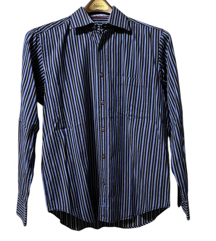 Bugatchi Button Down Shirt Flip Cuff Striped Blue Mens Size Measured Classic-image